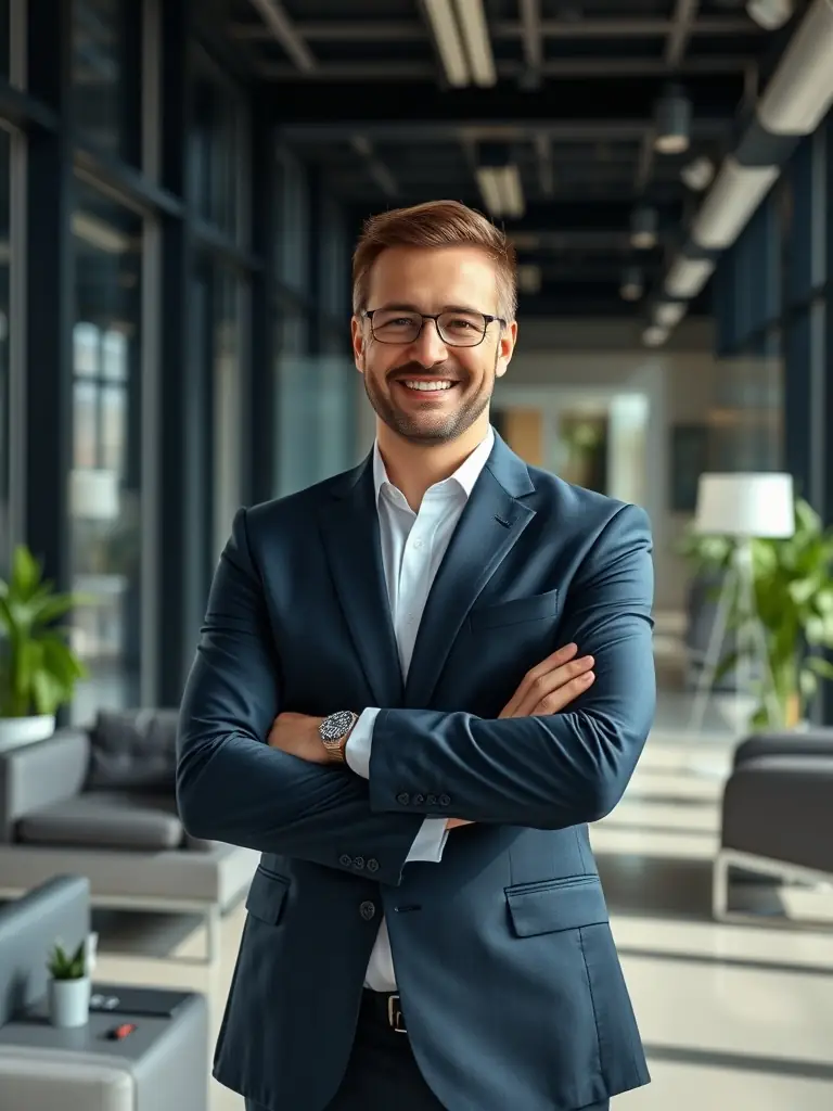 A professional headshot of a business coach, smiling confidently, in a modern office setting, symbolizing expertise and approachability.