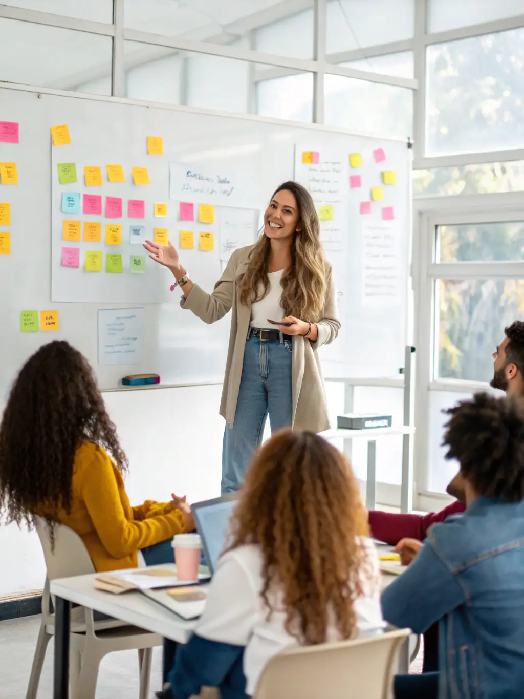 An image of a mentor leading a successful brainstorming session with a diverse group of professionals, emphasizing collaborative problem-solving.